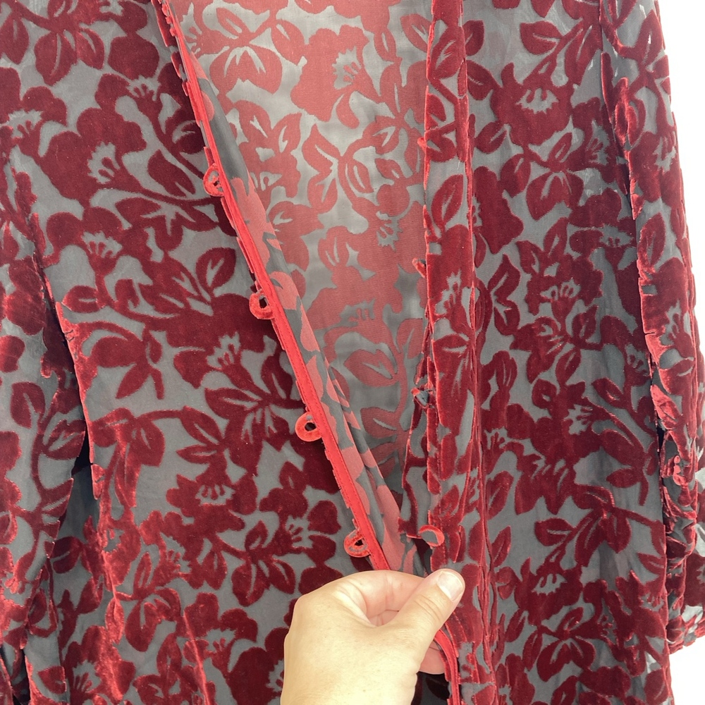 Laura‎ Ashley Cardigan Womens Medium Burgundy Vintage 90s Velvet Burnout Floral - Picture 6 of 12